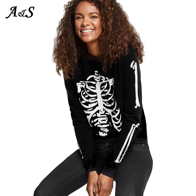 

Anbenser Halloween Skull Print Hoodies Sweatshirt Women Elegant O Neck Pullover Top Casual Female Long Sleeve Loose Streetwear