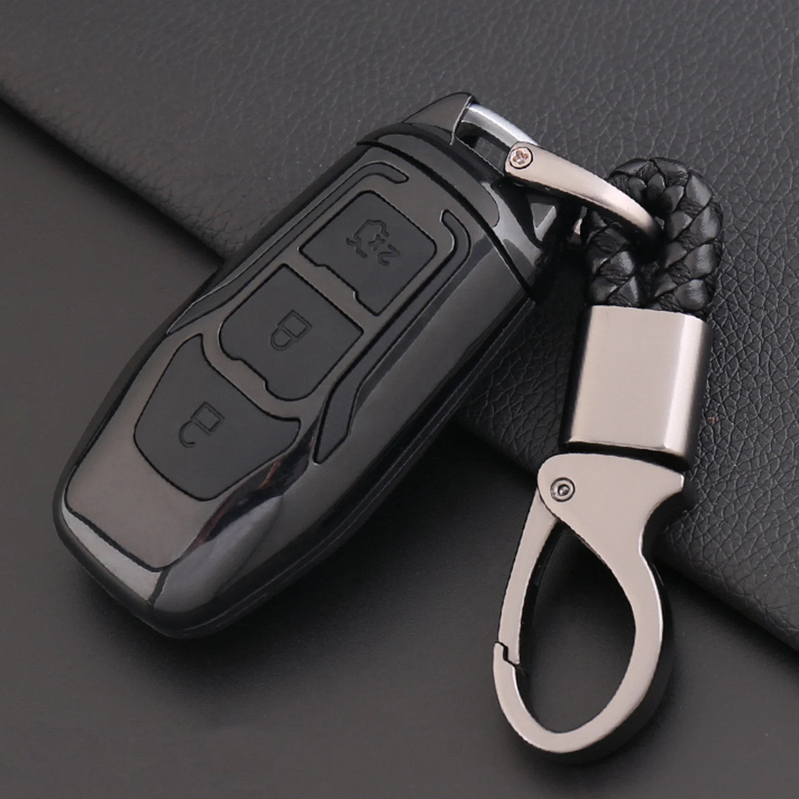 For Ford Edge Mondeo Mustang Key Shell keychain Carbon Fiber+Silicone Car Smart Remote Key Case Automobile Protective Cover - Color Name: Black black