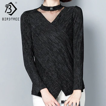 

Chiffon Bottoming Shirt Elegant Women Autumn and Winter 2019 Slim Black Lace Mesh Large Size Yarn Top S-3XL T9N002M