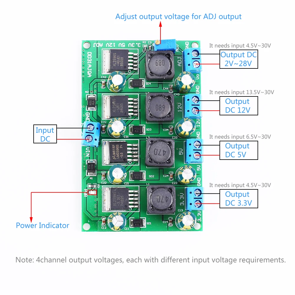 DC-DC Шаг вниз Питание понижающий Напряжение конвертер 4CH 3,3 V 5V 12V Регулируемый Выход
