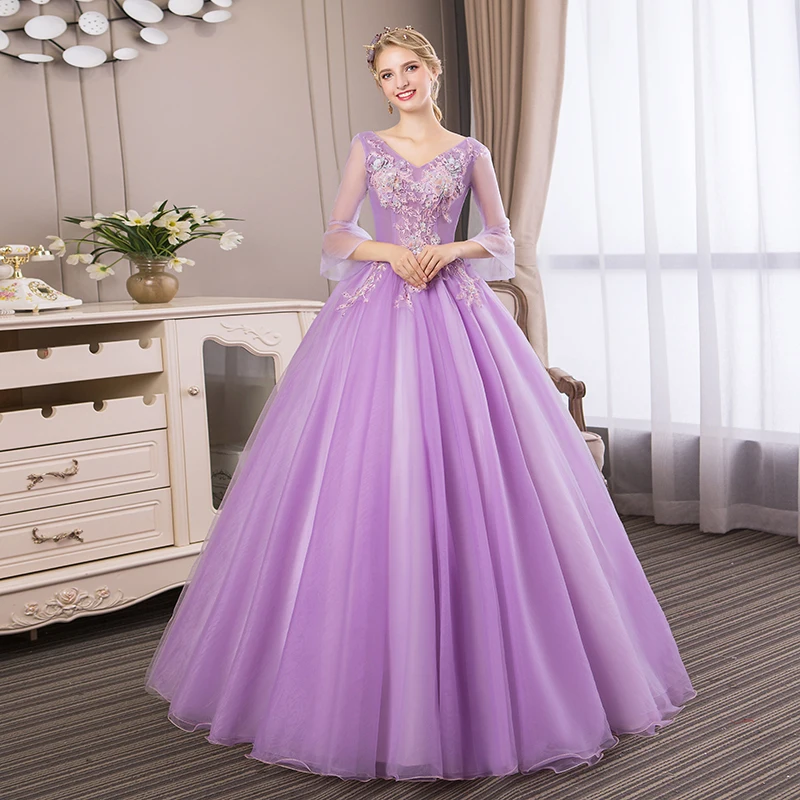 Robe De Soiree Новое Элегантное кружевное бальное платье с коротким рукавом и v-образным вырезом, Цветочная аппликация, фатиновое бальное платье, бальные платья