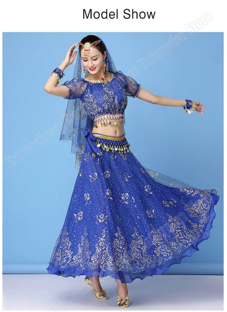 Болливудское платье костюм женский комплект индийский танец сари костюм для танца живота одежда для выступлений шифоновый топ+ пояс+ юбка