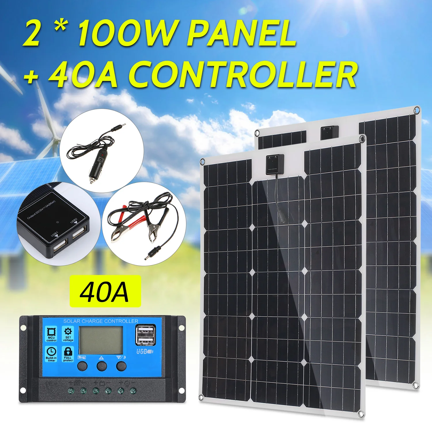 2Pcs 100W 18V Solar Panel Dual USB Output Solar Cells Poly Solar Panel 10/20/30/40/50A Controller for Car Yacht Battery Charger - Испускаемый цвет: With 40 A Controller