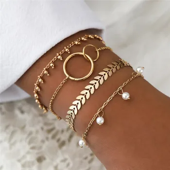 

LETAPI Charm Women's Fashion Crystal Circle Leaf Chain Gold Color Simulated Pearl Bracelet Set Party Wedding Jewelry