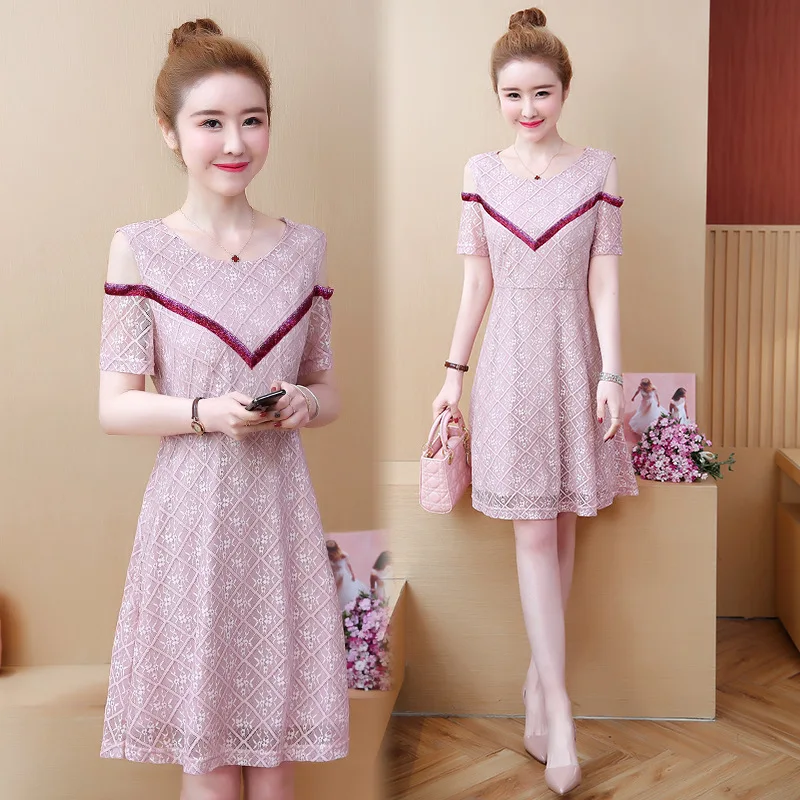 

Fat Mm Large Size Dress 2019 Summer Wear Korean-style New Style Webbing Joint Elegant Lace Short-sleeve Dress