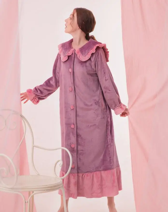 New Arrival Plus Big Size M L XL XXL Winter Coral Fleece Flannel Big Collar Lady Robes Nightgown Sleepwear Bath Night Dress