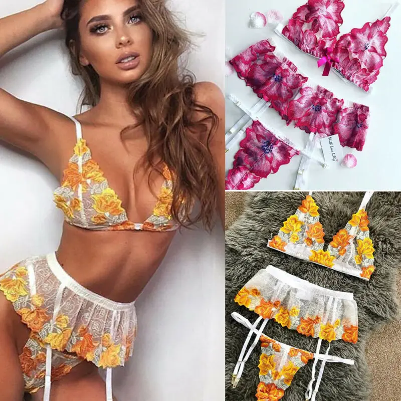  Sexy Lace Women Bra Brief Sets Floral Babydoll G-string Set Underwear Underpants Nightwear Lingerie