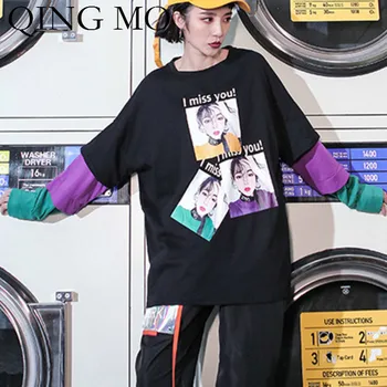 

QING MO Black White Beauty Print Sweatshirt 2019 Spring Autumn Women Patchwork Color Sweatshirt Women Fake Two Piece Set ZQY1167
