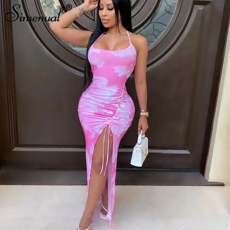 Simenual Tie Dye Drawstring Side Slit Women Maxi Dresses Strap Sleeveless Party Club Fashion Slim Backelss Bodycon Halter Dress