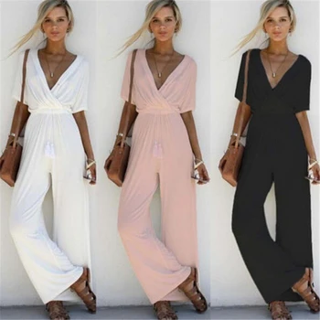 

2020 Newest Hot Women Solid Color Sexy V Neck Jumpsuit Casual Loose Playsuit Party Ladies Romper Short Sleeve Long Jumpsuits