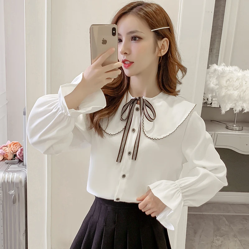 

COIGARSAM Korea Style Full Sleeve Shirt Womens tops Spring Office Lady Chiffon Solid Belt Women shirts White Apricot 9597