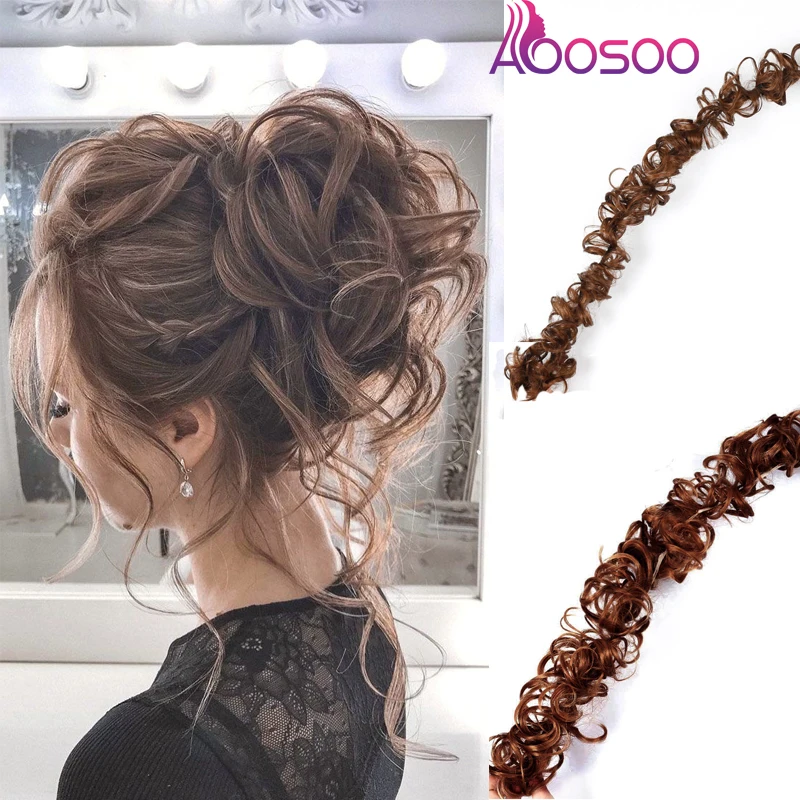 

fashion Synthetic Women Curly Bun Chignon Elastic Band Clip In Hair Extensions Black Brown High Temperature Fiber Fake Hairpiece