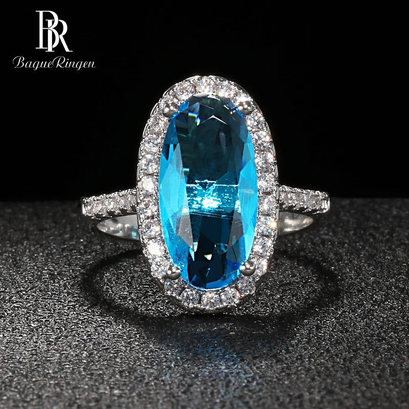 Bague Ringen, классическое серебро 925, ювелирное изделие, овальное кольцо с камнями для женщин, большой аквамарин, AAA циркон, Женское Обручальное кольцо, подарок