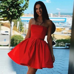 Red Satin Homecoming Dresses Short 2021 Above Knee Strapless Lace Up Sexy Prom Party Gowns Graduation Dress Vestido De Fiesta