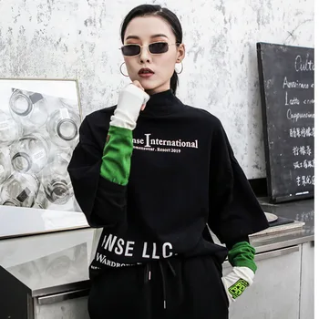 

Long Sleeve T-shirt Woman 2020 Autumn Winter Patchwork Letter T-shirt Streetwear Turtleneck Loose T-shirt Black QYF1400