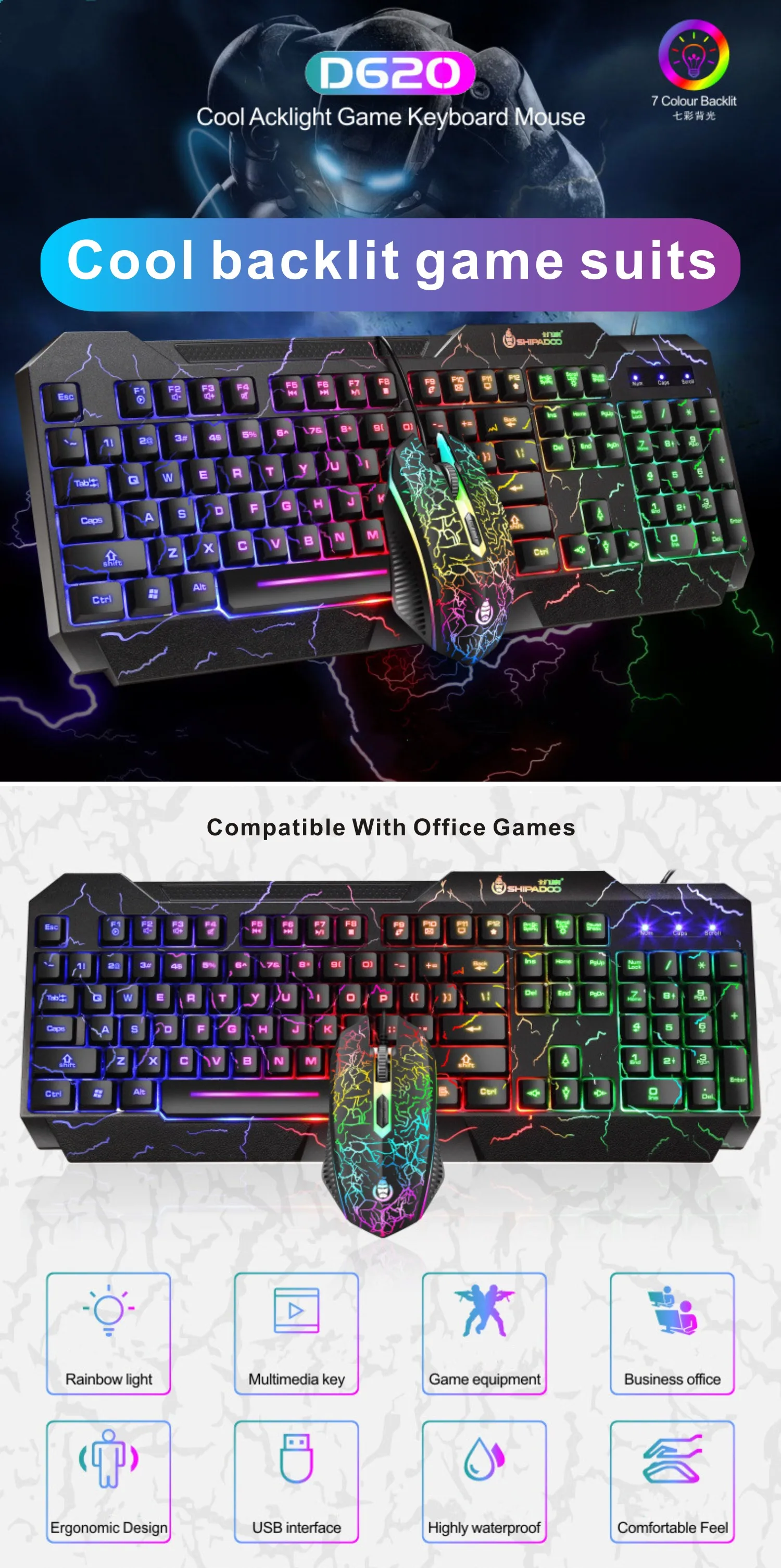 Mouse And Keyboard Set Luminous Anti-Splash USB Wired Mult Function Gaming Keyboard Mouse For Gaming TV Office PC E-Sport CF LOL