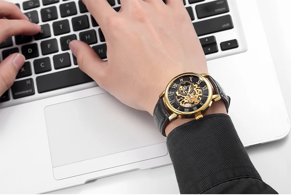 Classic Men Automatic Mechanical Watches Fashion Top Brand Luxury Manual Winding Leather Watch Skeleton Sport male Wristwatch