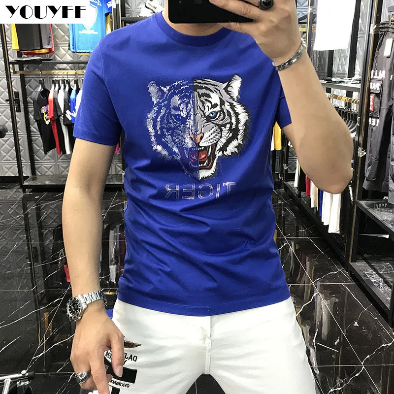 Men's T-Shirt Rhinestones Design Tiger Head printing Hip Hop