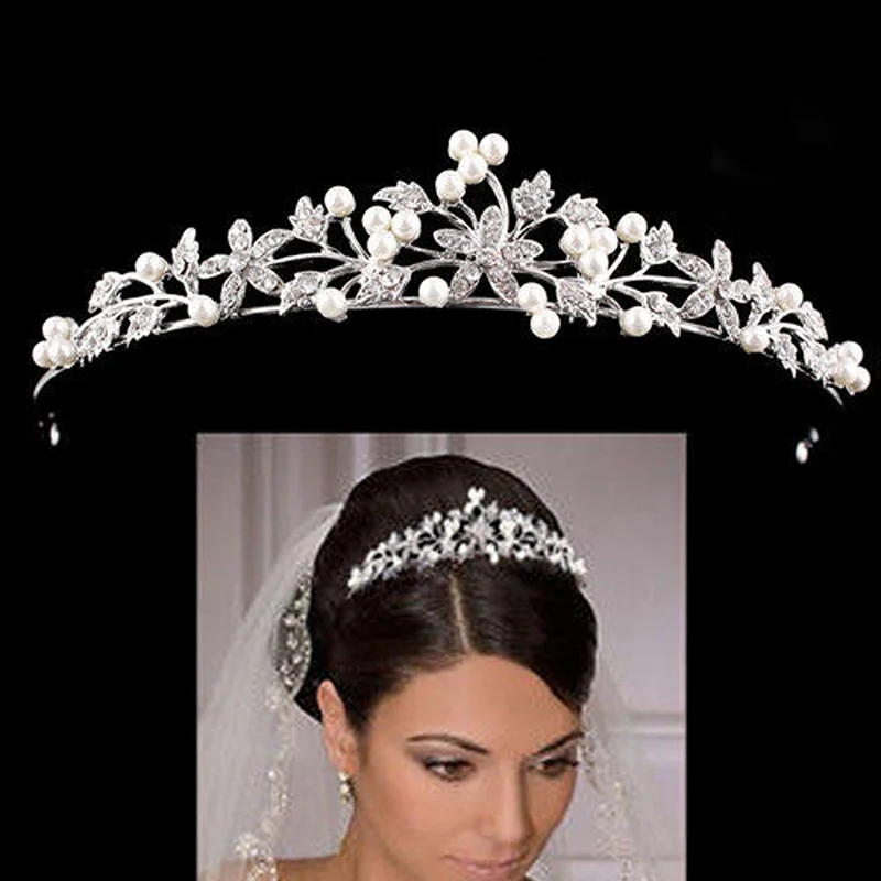 Pearl Rhinestone Tiara Gold Wedding Crown Headband Bridal Headpiece Hair Jewelry 