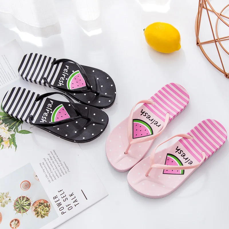 

Slipper Women's Summer Flat Anti-slip Outer Wear Clip Toe Beach Shoe Students Cute Cartoon Watermelon Flip-flops
