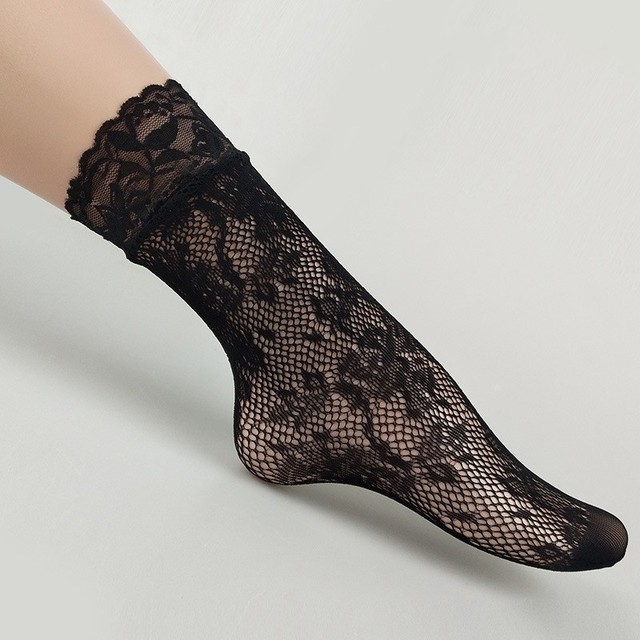 Summer Lace Socks Mesh Floral Elastic Transparent Short Ankle Socks for Lolita Dress Black Fishnet Socks Breathable Sock