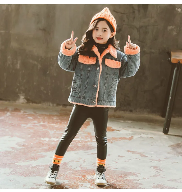 Benemaker/Зимние флисовые джинсовые куртки для девочек; бархатное меховое пальто; От 4 до 14 лет для подростков; детские парки; ветровка; YJ149 - Цвет: Orange