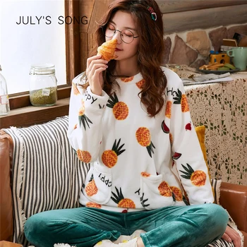 

JULY'S SONG Autumn Winter Women Thick Flannel Pajamas Set Coral Fleece Sleepwear Women Long Sleeve Cute Cartoon O-neck Homewear