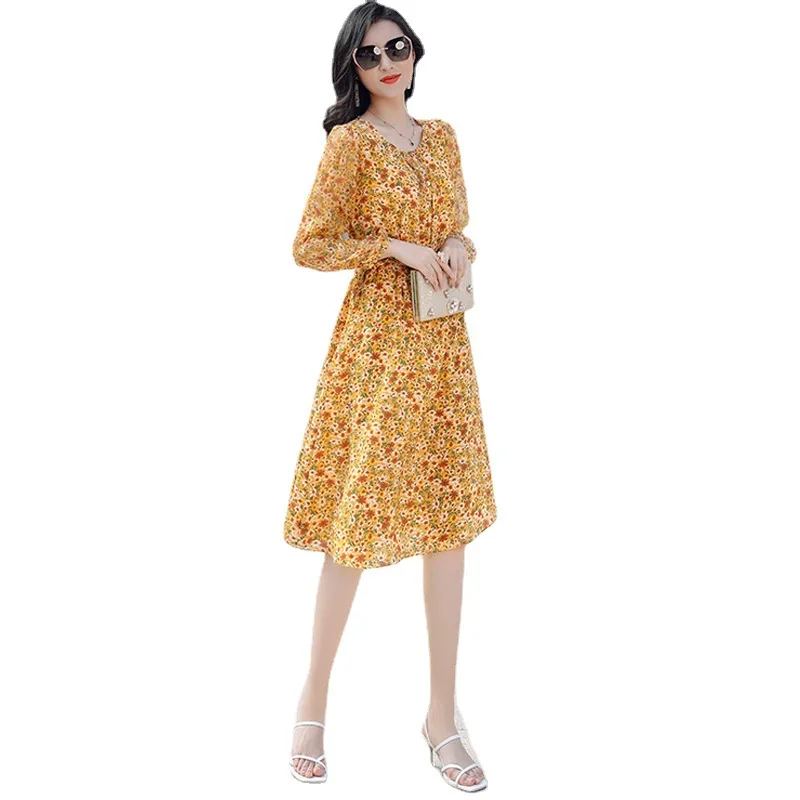 

211LLT2206 New 2021 Women's Spring Clothing Elegant Small Floral Print Waist-Controlled Lace-up round Neck 100% Silk Dress