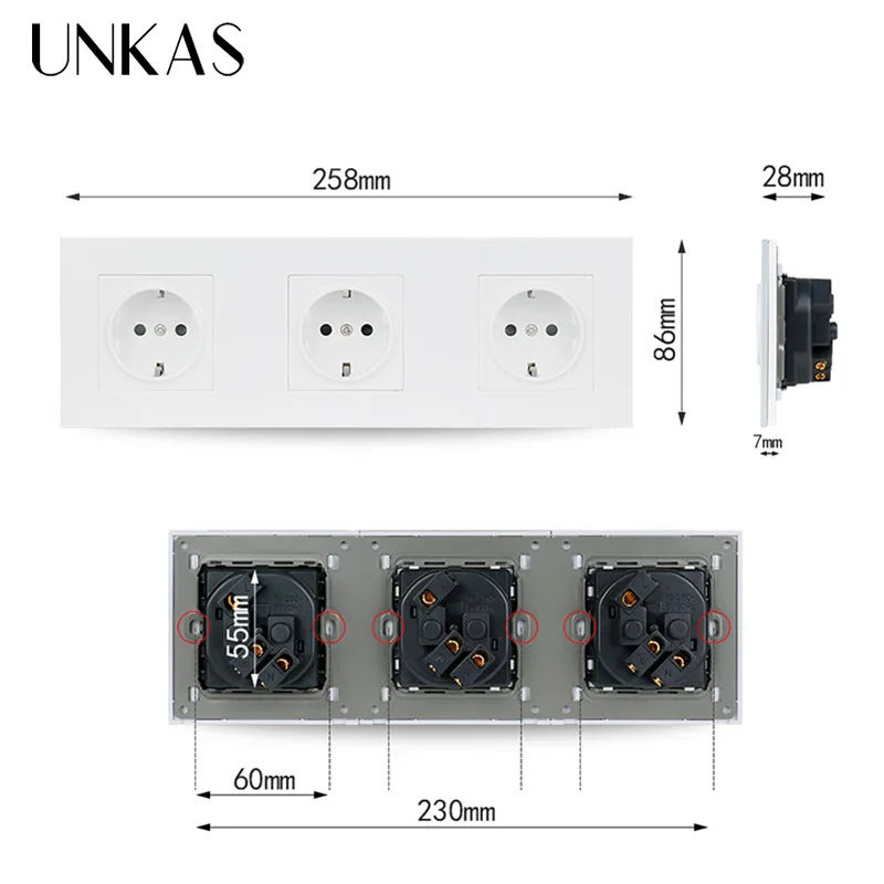 UNKAS с белой стеной для ПК Панель 3 Way Мощность розетка с заземлением, 16A ЕС Стандартный электрические тройная розетка 258 мм* 86 мм