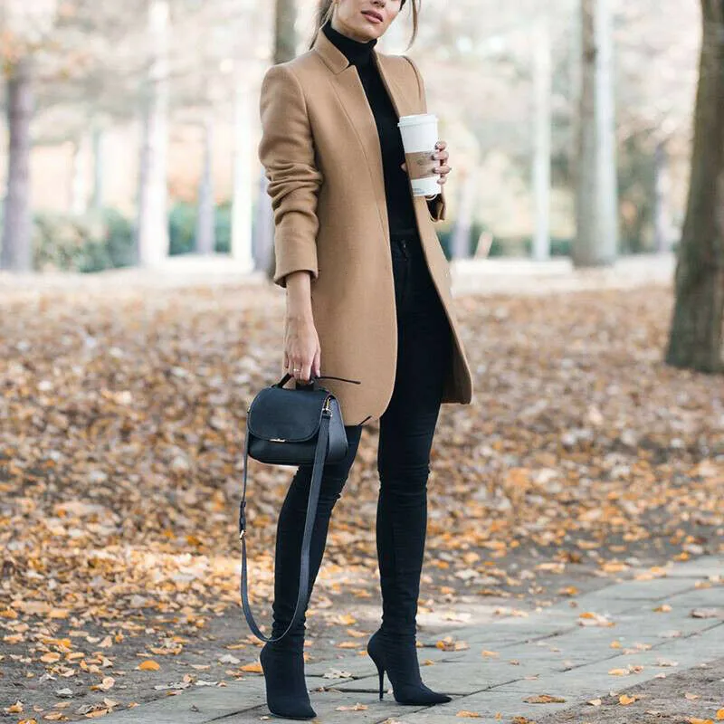 Lugentolo пальто, женское модное осеннее зимнее одноцветное пальто с воротником и длинным рукавом, темпераментное элегантное шерстяное пальто, Женское пальто - Цвет: Хаки