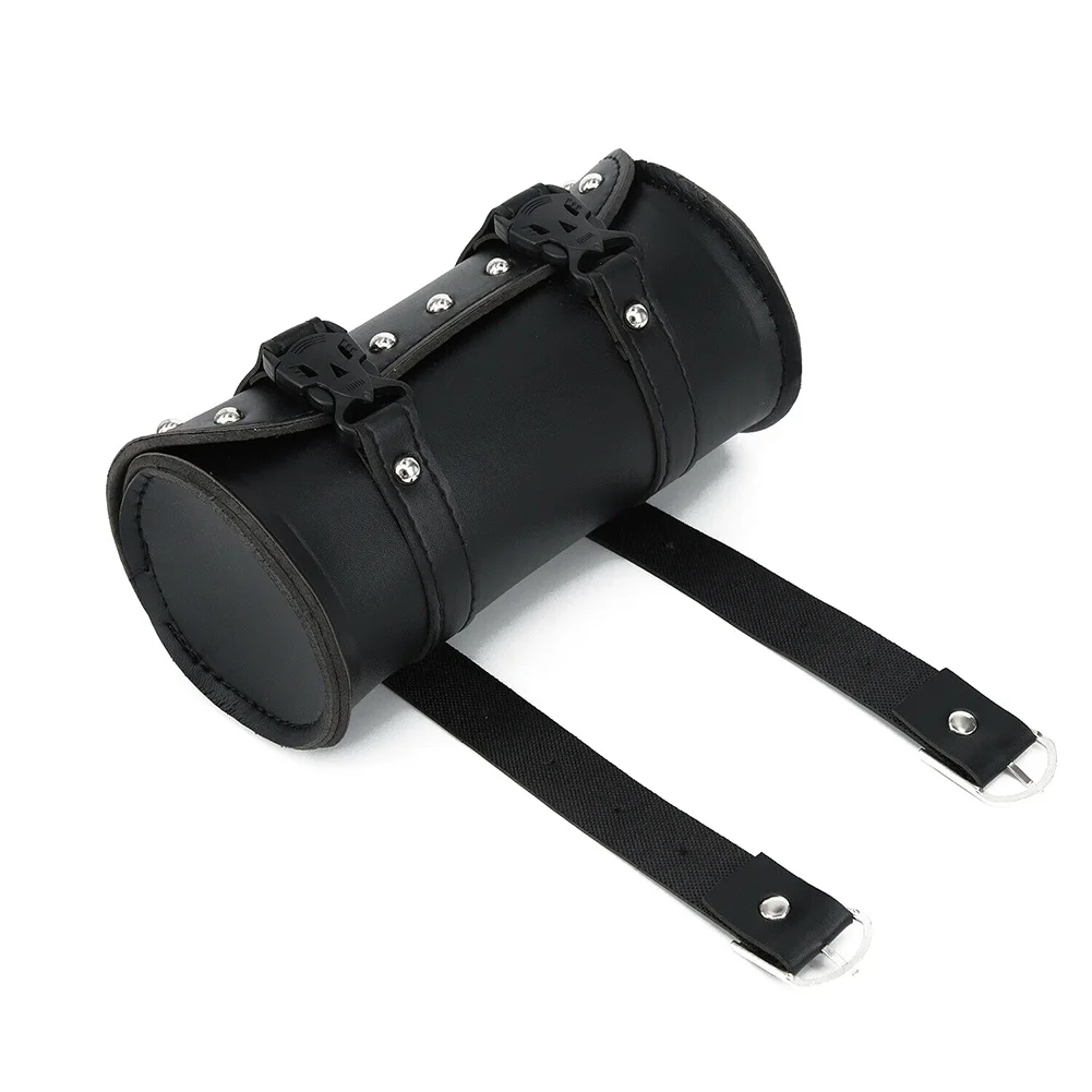 2021 New Motorcycle Fork Bag Leather Cruiser Tool Roll Barrel Bag Fork Barrel Shape Handlebar Black Saddlebags Storage