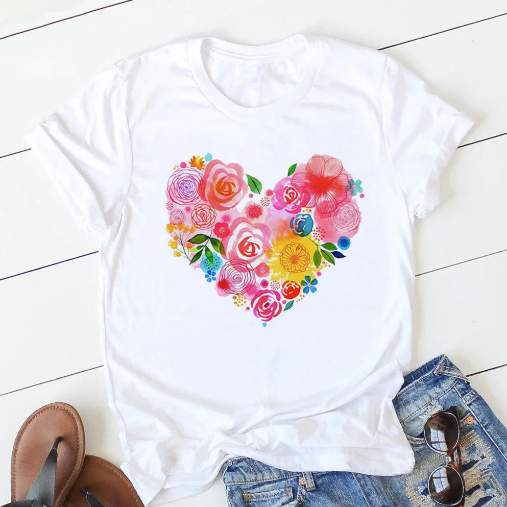 pink heart flower Print Women tshirt Short Sleeve Print Clothes Ladies Womens T-Shirt Graphic Tops Clothes Female T-shirts