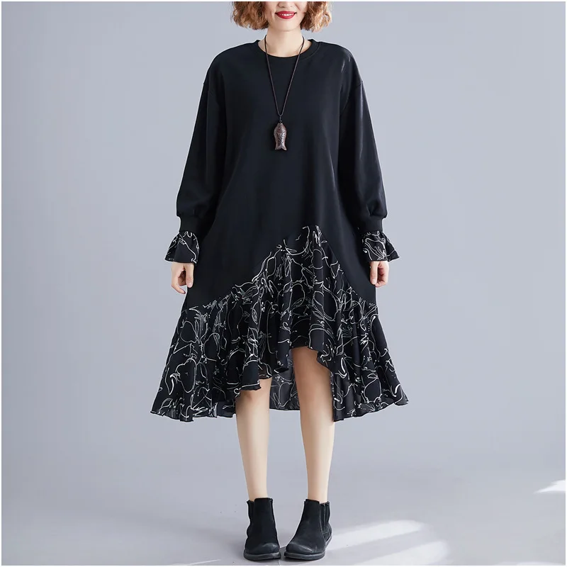 

Johnature Leisure Comfortable Stitching Chiffon Ruffles Women Dress Autumn 2019 New Loose O-neck Simple Korean Black Dresses