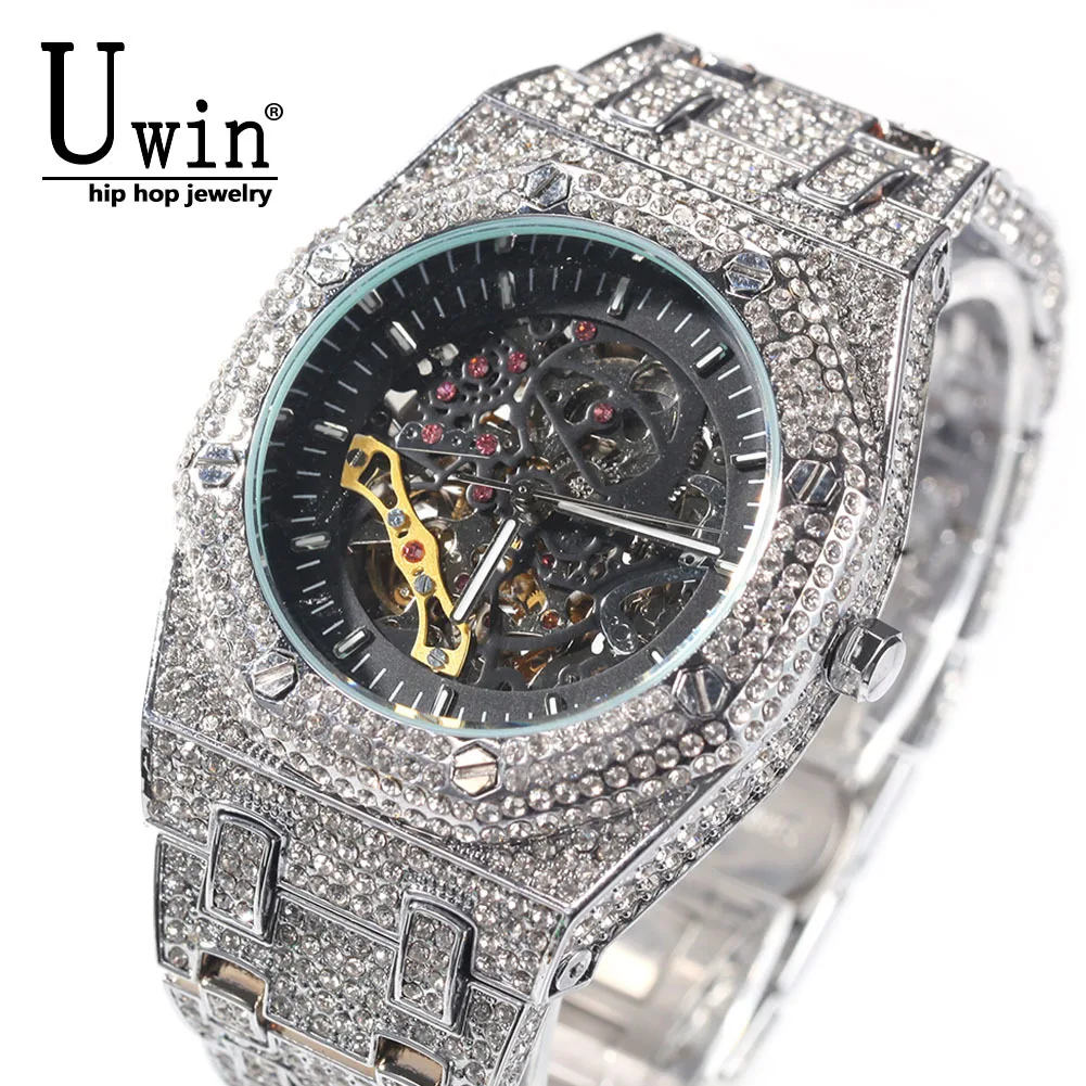 SUPER DEALS! Uwin Stainless Steel Mechanical Watch Waterproof Full Iced Out Minimalist Diamond Classic Designer Watches For Male