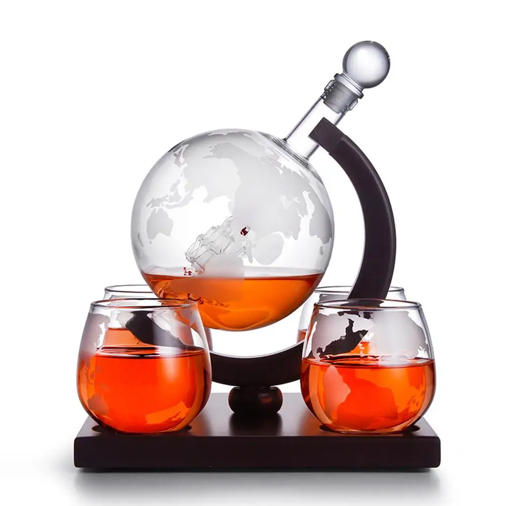 

Whiskey Decanter Set Vodka Globe Decanter with 4 Glasses Liquor Dispenser with Wood Stand for Scotched Bourbon