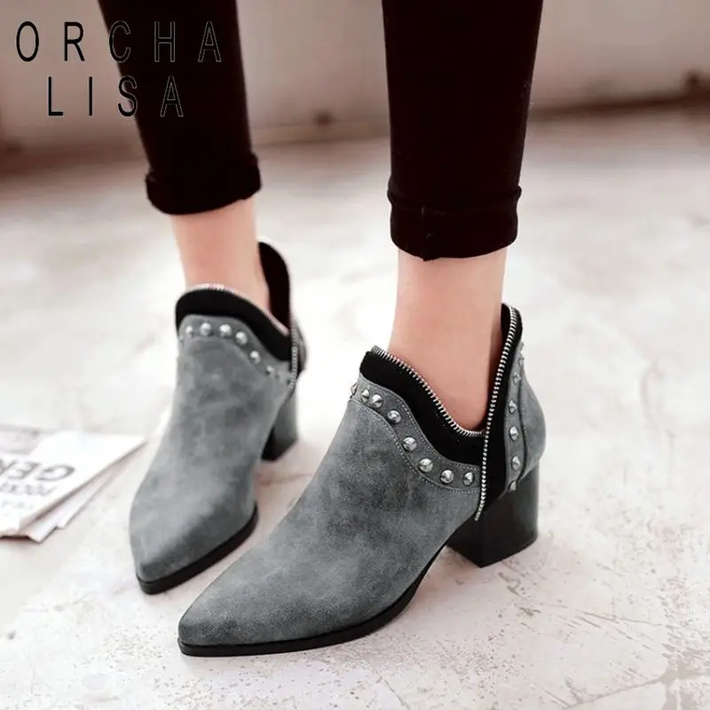 

ORCHA LISA Woman studded ankle boots chelsea boots block heel rivets autumn winter Slip-On Boots black Female botas feminina