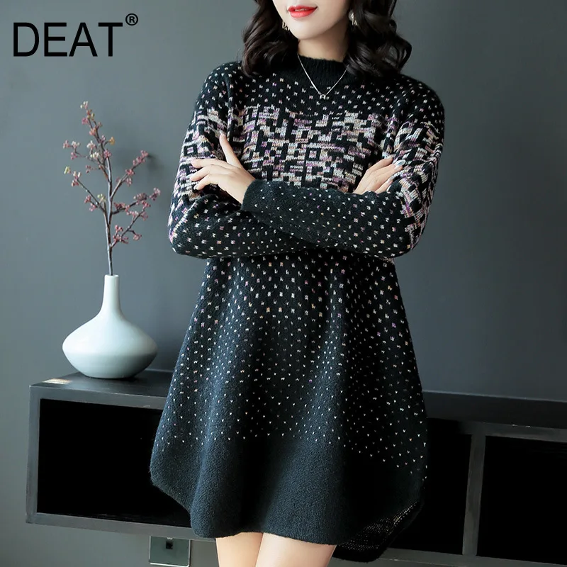 

[DEAT] 2019 Autumn Winter Fashion Trend New Pattern Loose Casual Long-sleeved Large Size Knit Padded Round Neck The Dress AI820