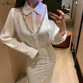 

WHITNEY WANG Blouses 2020 Spring Fashion Streetwear See Through Mesh Patchwork Diamonds Blouse Women Blusas Lady Shirt Top