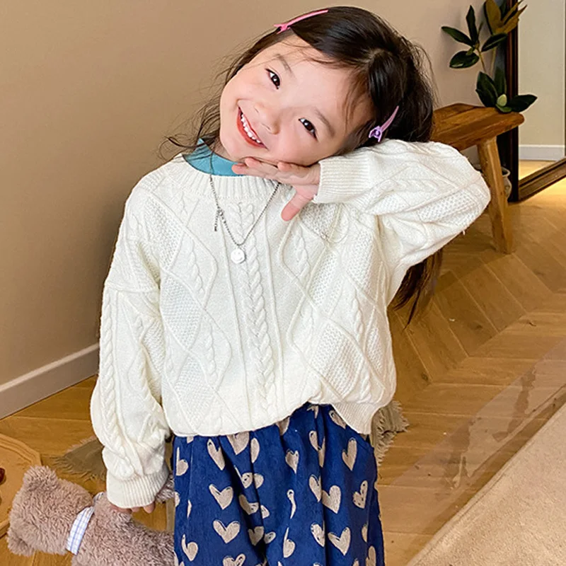 

Autumn Winter Girls Clothes Solid Color Children Sweater Korean Style Knitted Pullover Tops QZ291