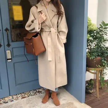 

Women Korean Winter Long Overcoat Outwear Coat Cardigans Long Sleeve Loose Long Coat With Belt Female Wool Blend Coat