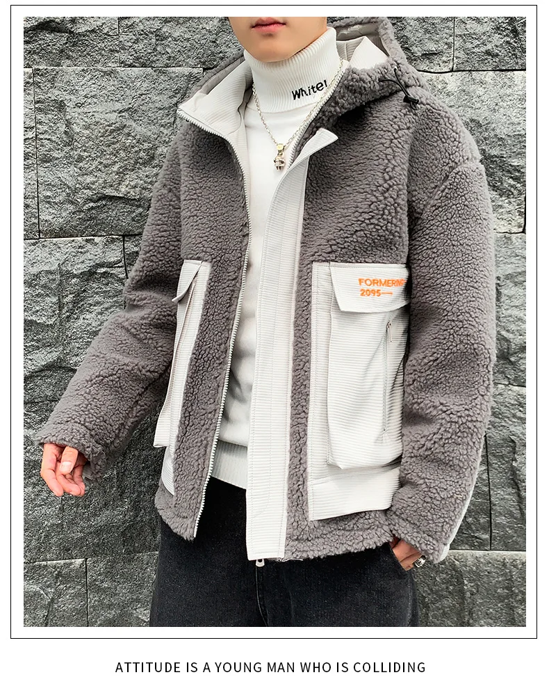 Корейский стиль тренд берберское флисовое Пальто мужское ветрозащитное удобное берберское флисовое теплое контрастное цветное соединение с капюшоном с принтом W
