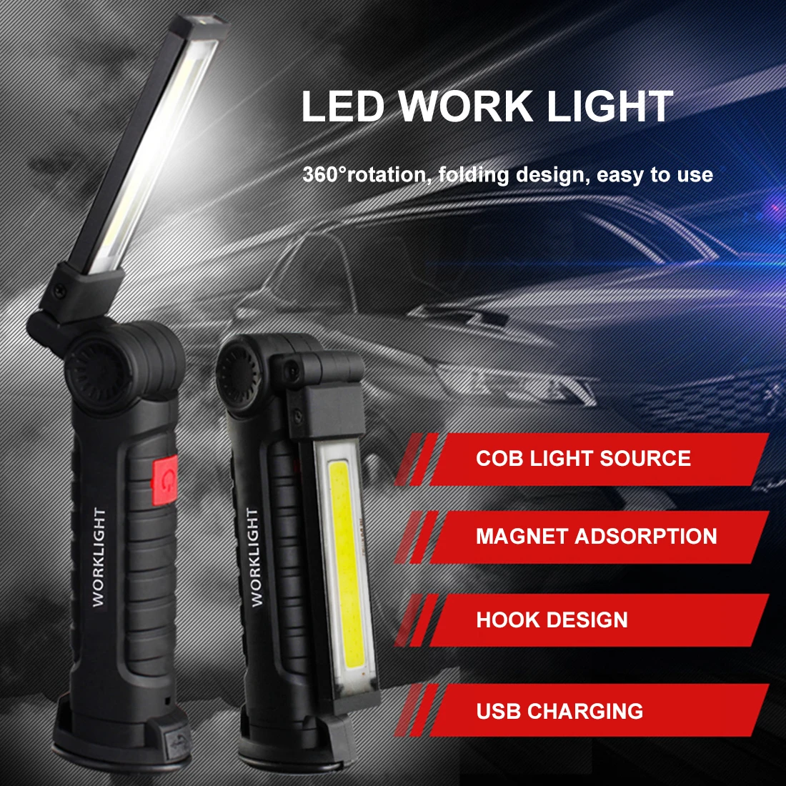 

USB Rechargeable COB Work Light 2 Sizes Portable Emergency Lights Auto Repair Light Folding Light for Outdoor Torch Flashlight