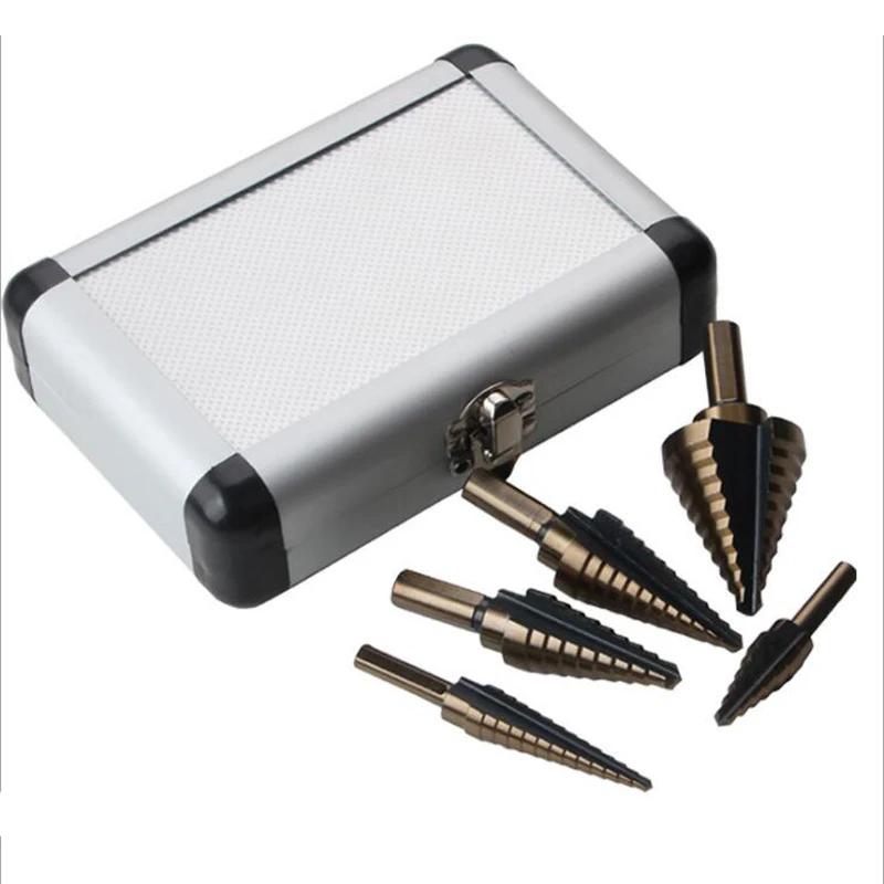 

Cobalt Hss Titanium Cone Step Stepped Wood Drill Bits Center Hole Cutter Tool Bit Set With Aluminum Box Hot Tools 5pcs