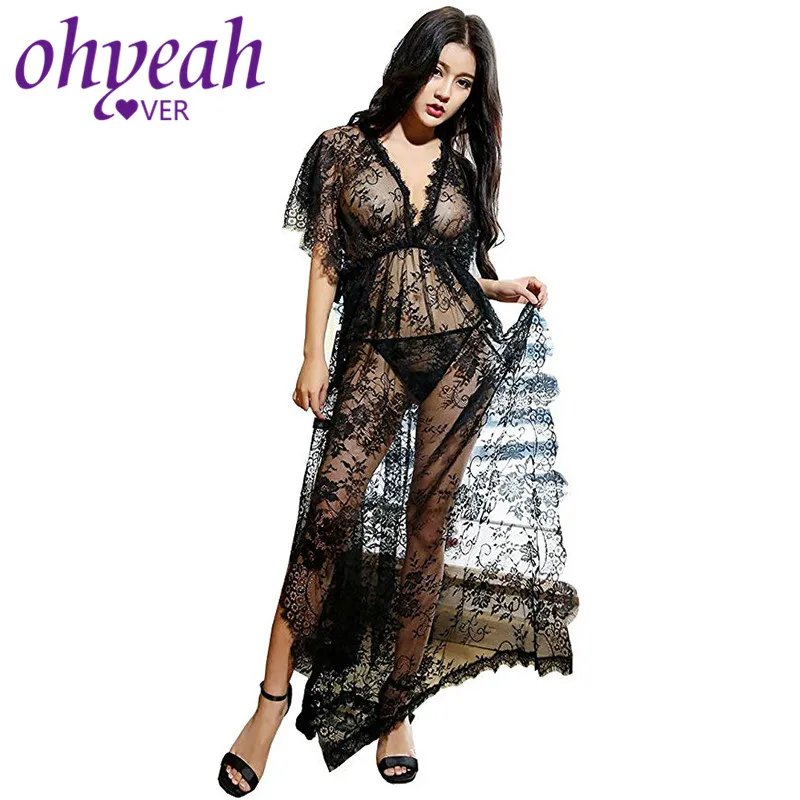 Short sleeve transparent lace nightgown 