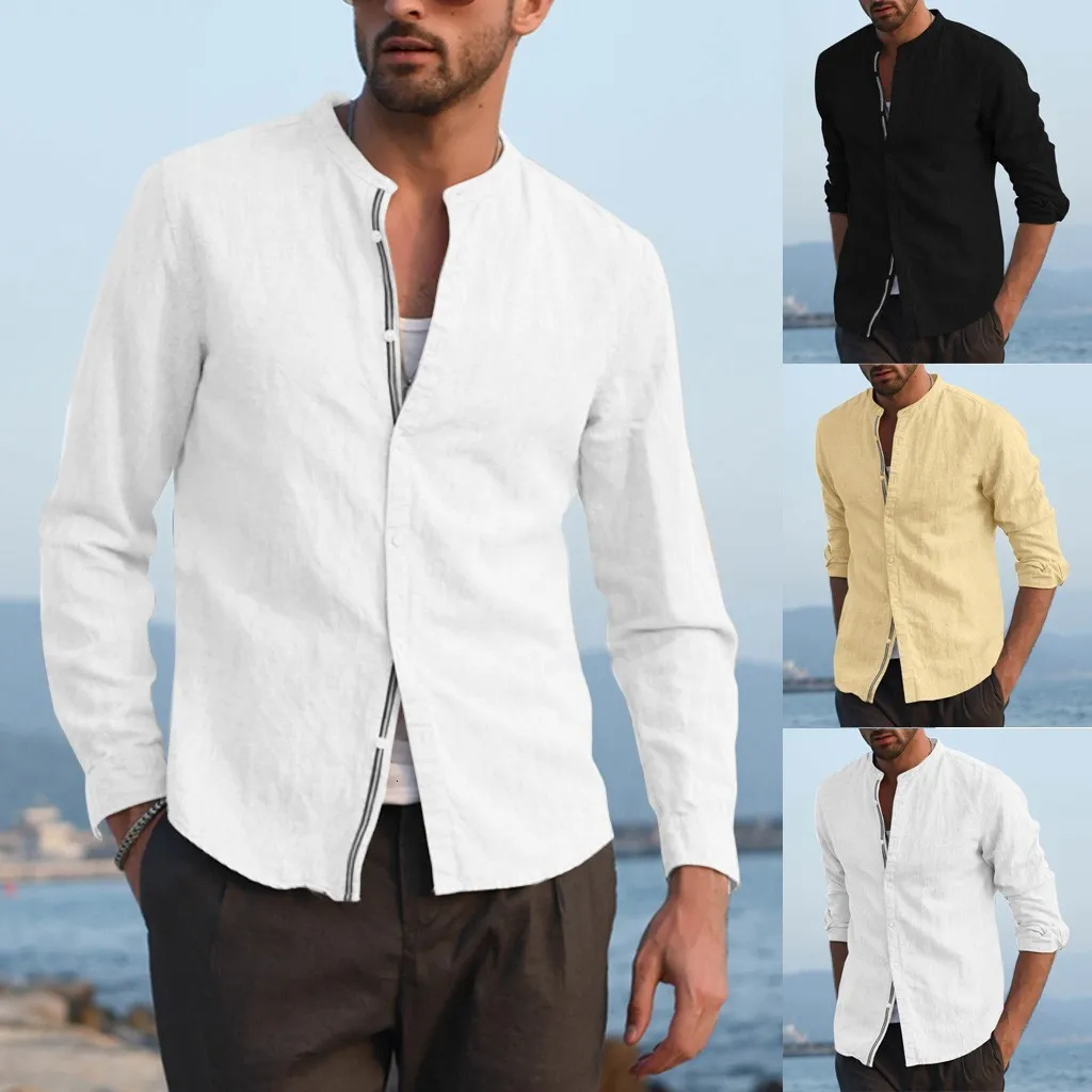 Осенние модные рубашки с длинным рукавом Camisa, мужские мешковатые льняные смешанные Лоскутные однотонные рубашки с длинным рукавом и