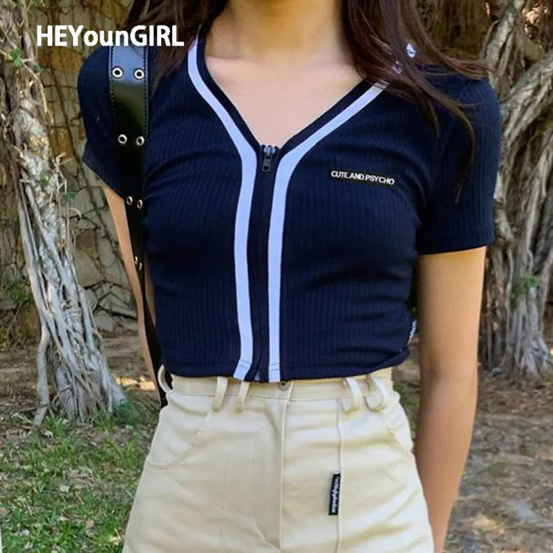 Укороченная футболка HEYounGIRL, Корейская футболка с молнией и v образным вырезом, женская футболка с вышивкой в стиле Харадзюку, футболка уличная одежда|Футболки| | АлиЭкспресс