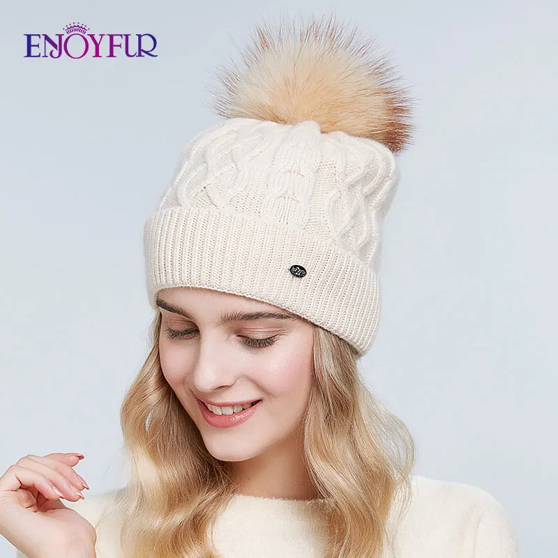 Женская трикотажная мягкая шапка ENJOYFUR теплая кашемировая с помпоном из