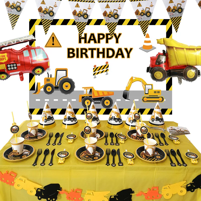 Construction Party Supplies Truck Birthday Decorations Boy Disposable Tableware 