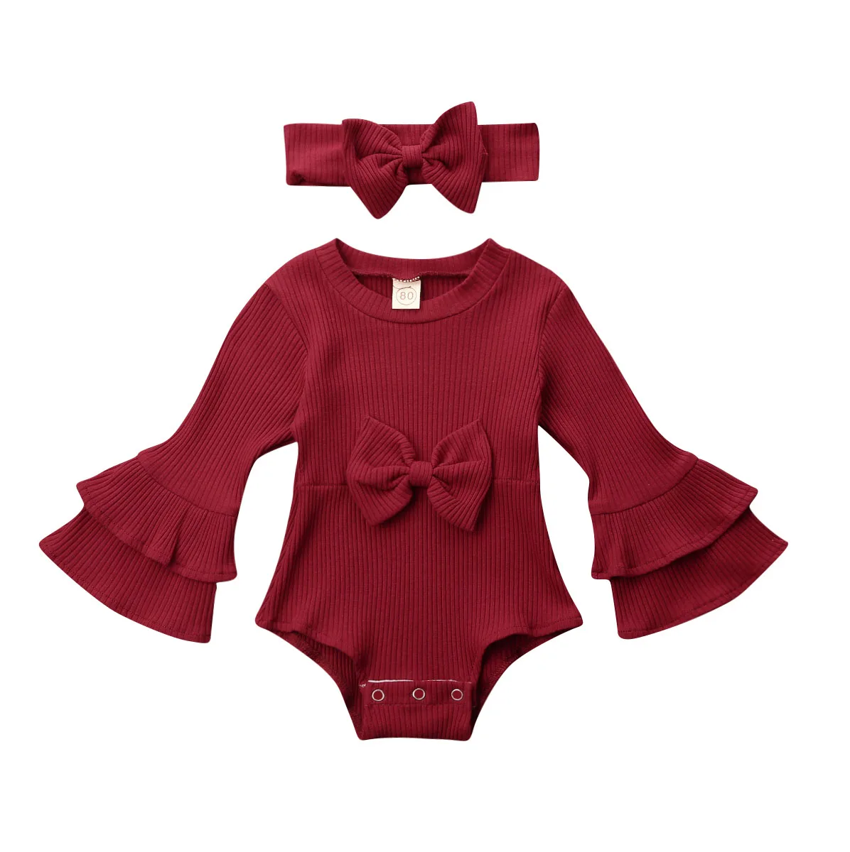 Комплект из 2 предметов; боди для новорожденных девочек; зимний трикотажный комплект одежды с оборками и расклешенными рукавами; Однотонный комбинезон; повязка на голову - Цвет: Красный