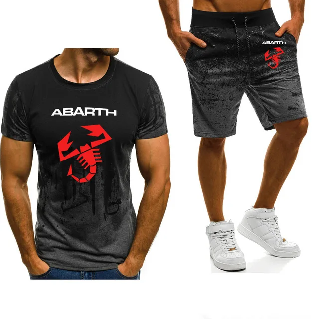 New 2020 Spring Mens suits Pullover for Abarth Car Logo Printed ashion Casual Gradient High Quality Men's T-Shirt+Pant Suit 2Pcs |